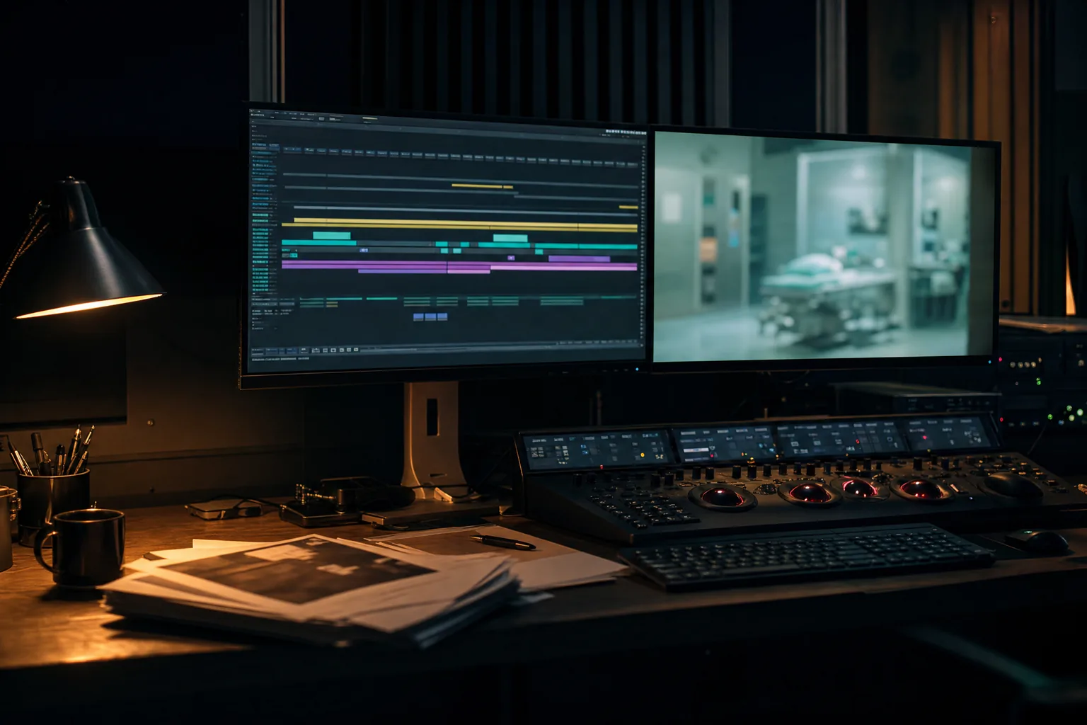Colour grading suite with an editing timeline on one monitor and a clinical frame paused on the other.