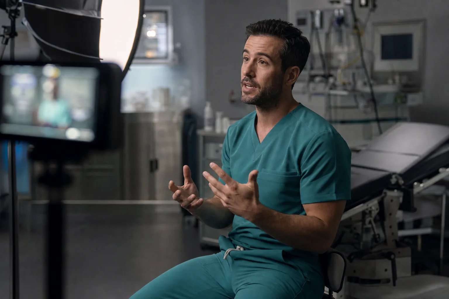 Clinician being filmed explaining a procedure to camera in a treatment room.
