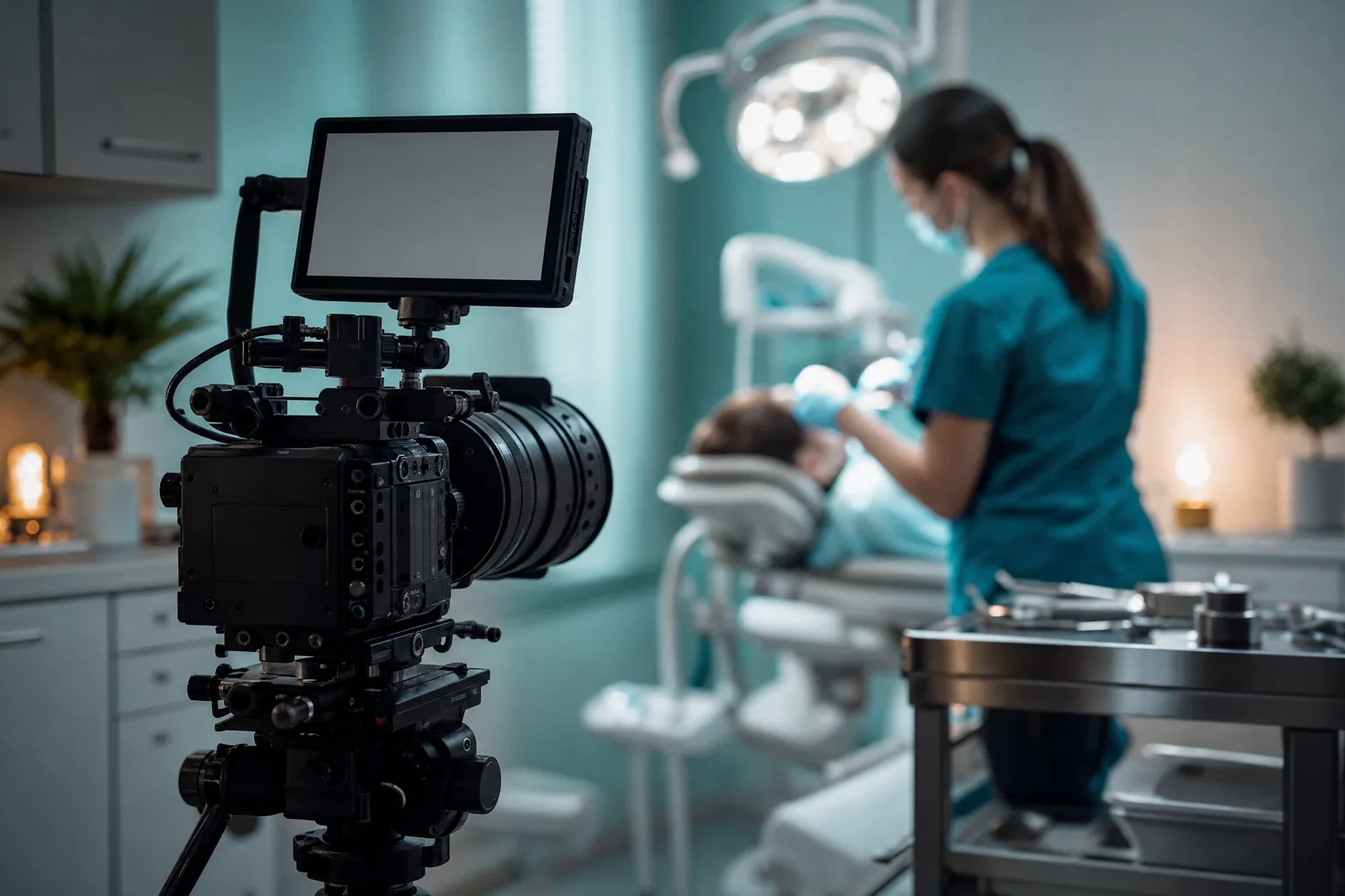 Cinema camera on a tripod filming a clinician at work in a treatment room.