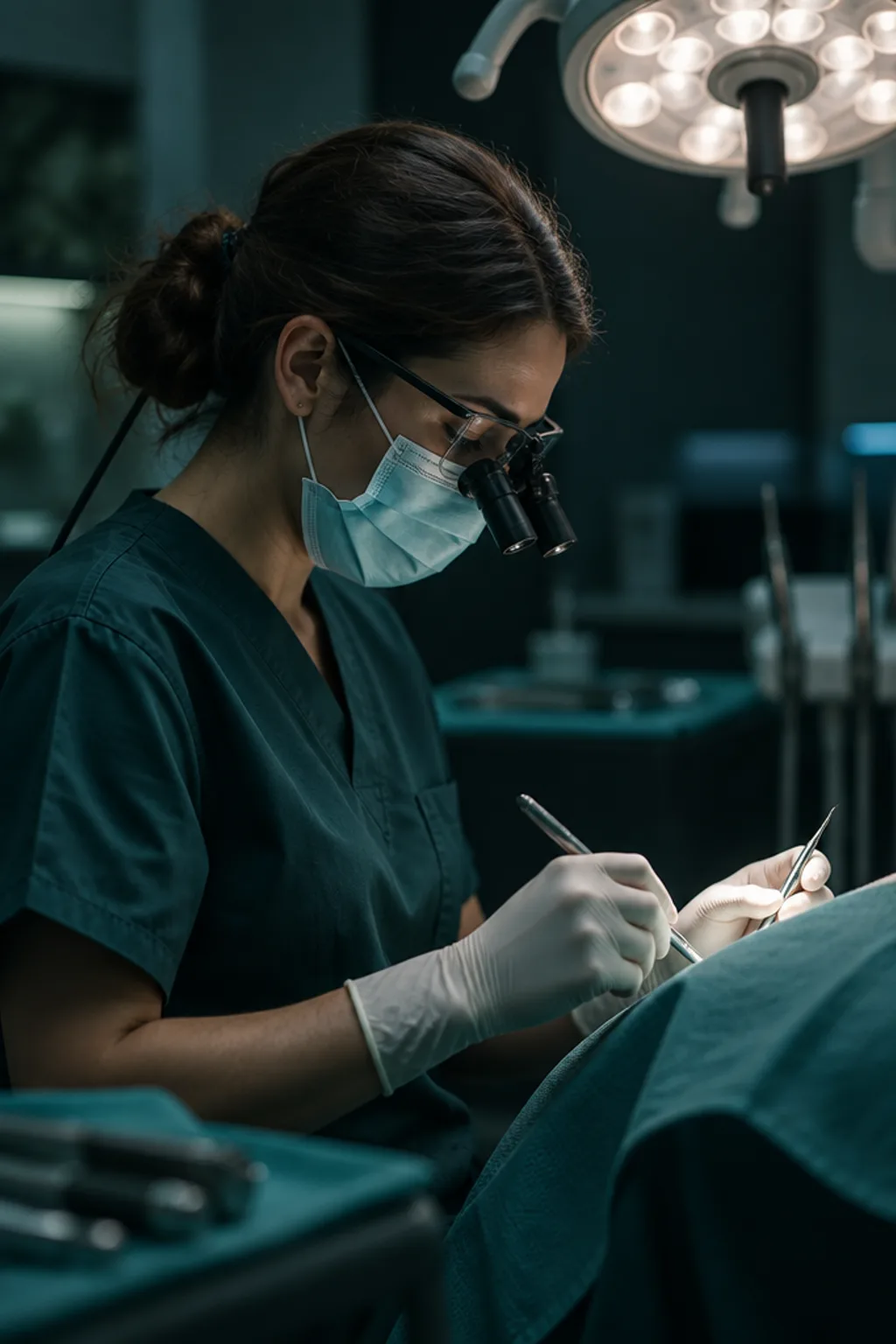 Dentist in loupes and mask working at the chair under the surgery light.