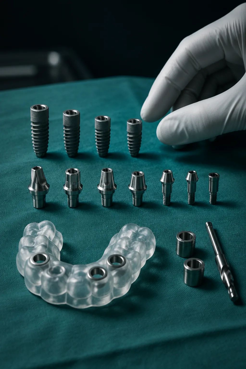 Dental implant components and a surgical guide laid out in rows on a sterile teal drape.