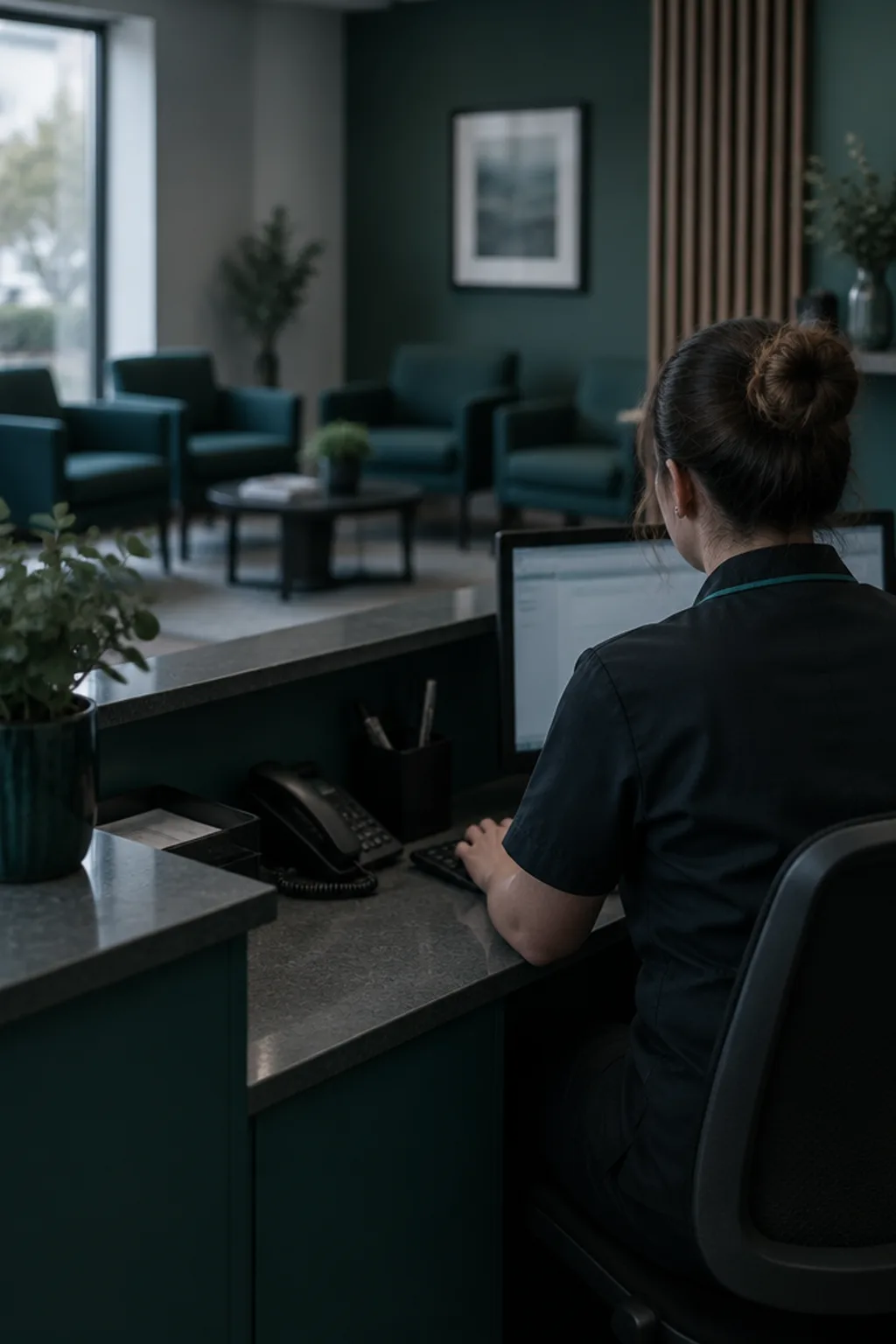 Receptionist at a dental practice front desk, seen from behind, with the waiting area beyond.