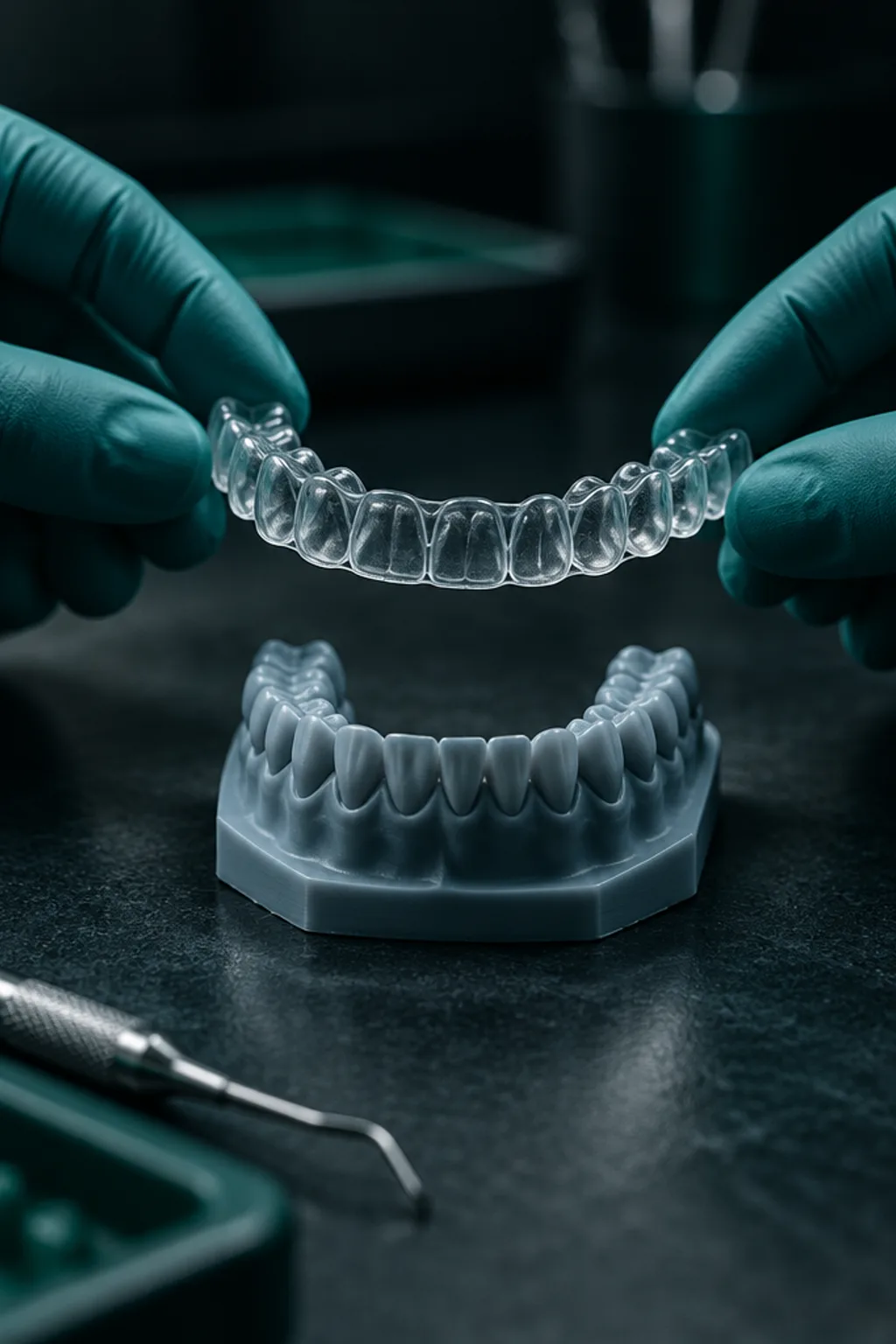 Gloved hands holding a clear aligner tray above a printed dental arch model.