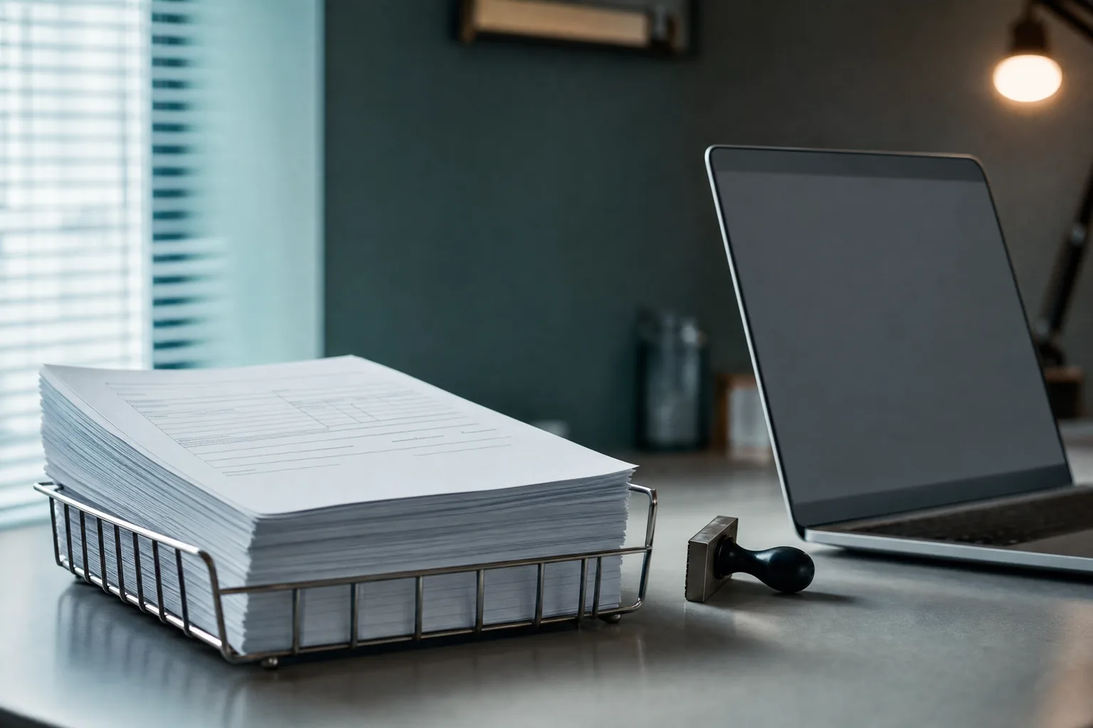 Sign-off paperwork stacked in a tray beside a stamp and a laptop.