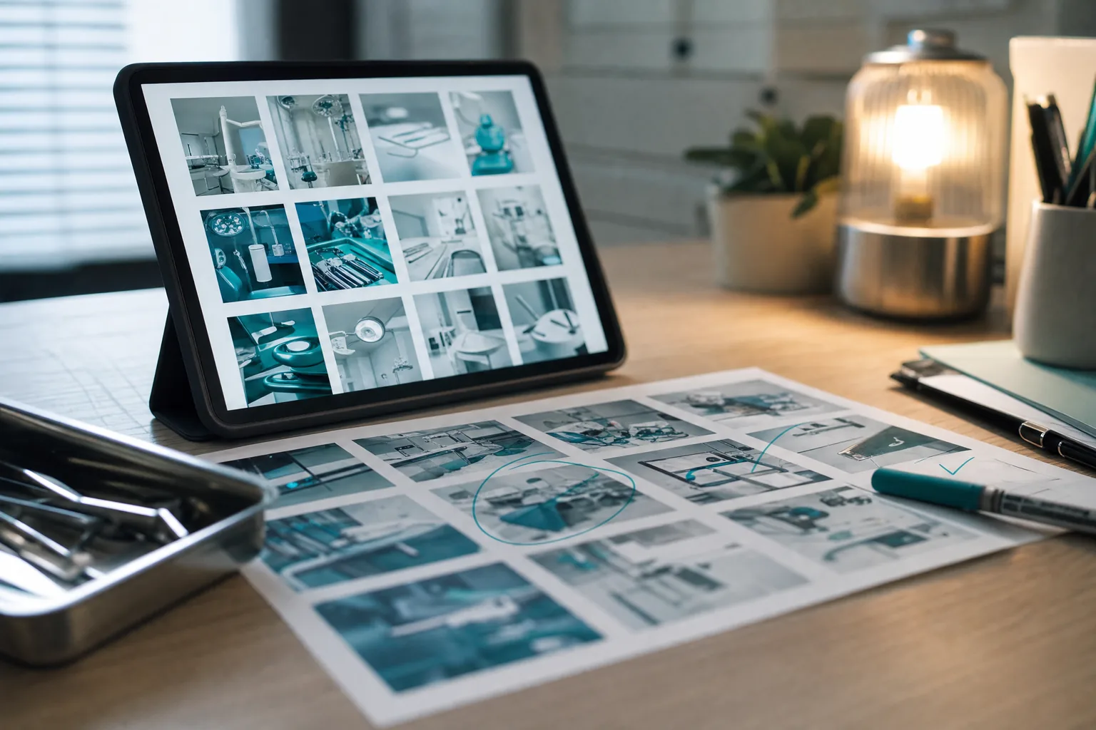 Practice social media accounts open on a tablet beside a marked-up printout.