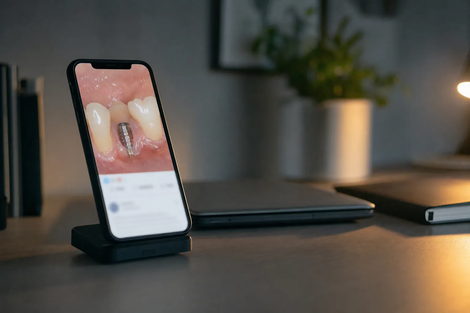 Phone on a desk showing a scheduled clinical post beside a laptop.