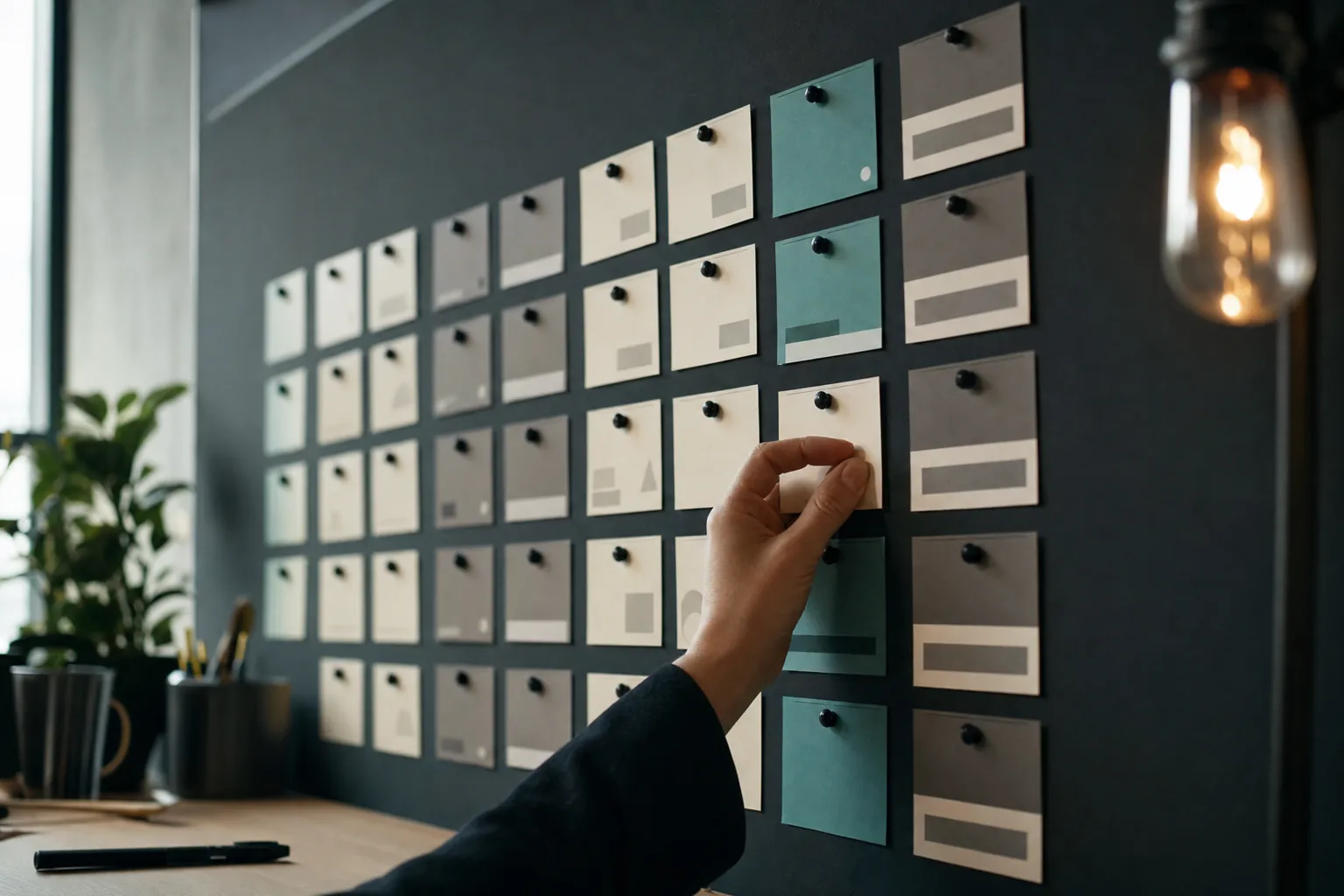 Content calendar laid out as a wall of cards grouped into themed weeks.